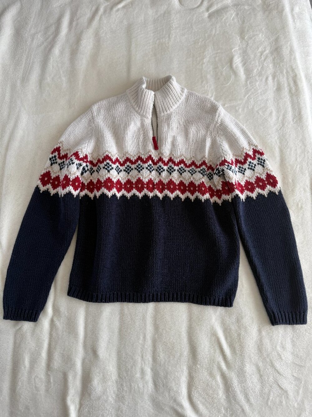 Eddie Bauer Fair Isle Quarter Zip Sweater Women's Large Ivory Nordic Knit